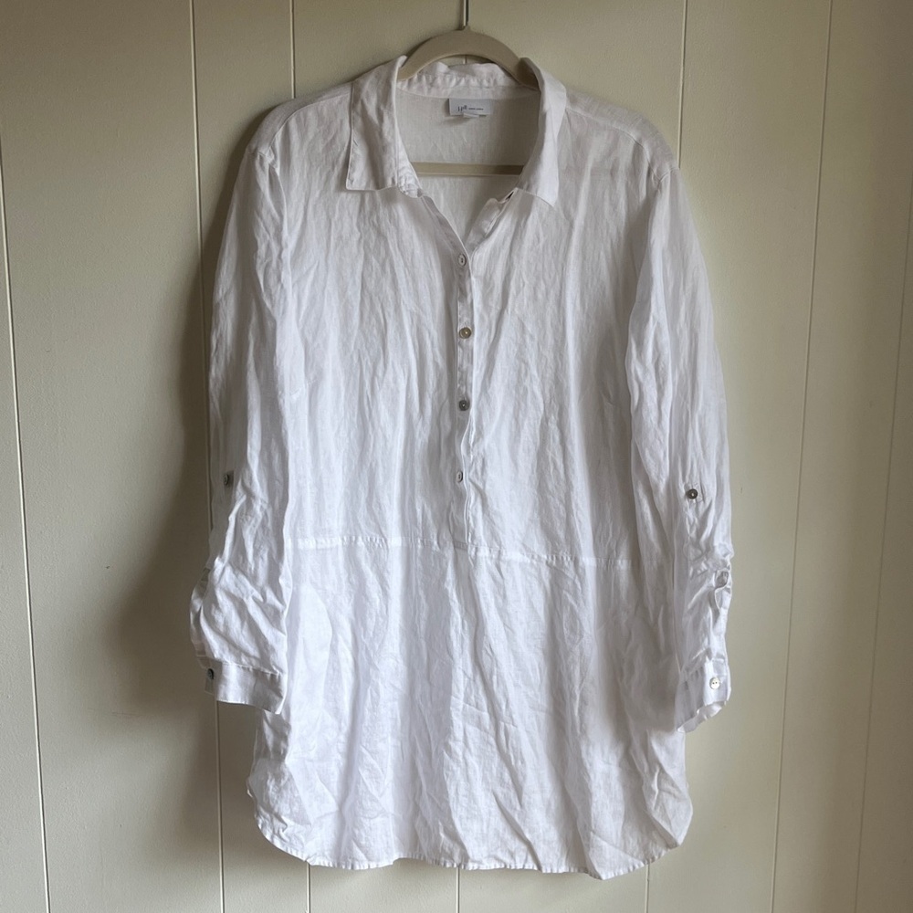 J. Jill White Women's Linen Tunic Top Sz XL Coastal Grandma Beach Vacation